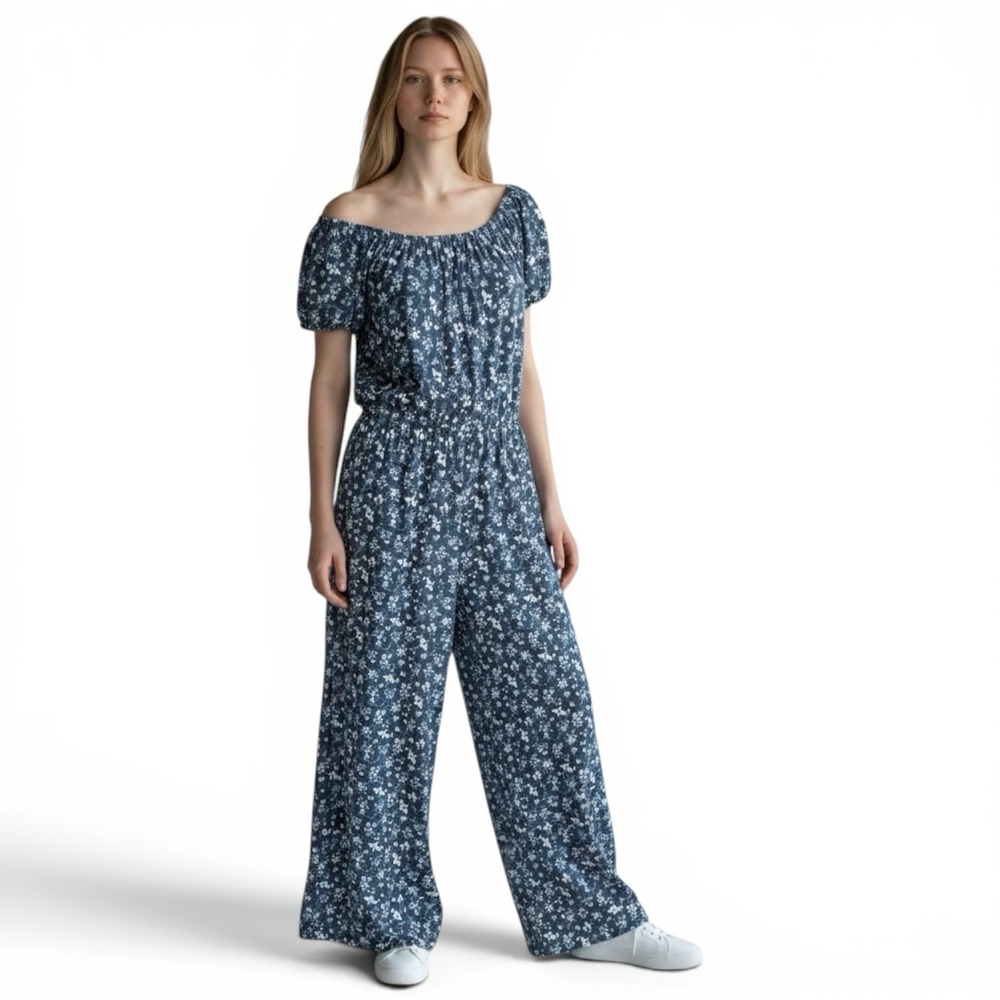 Evsie Blue Floral Puff Sleeve Boho Coastal Jumpsuit Size XL  Stretch Comfort NEW